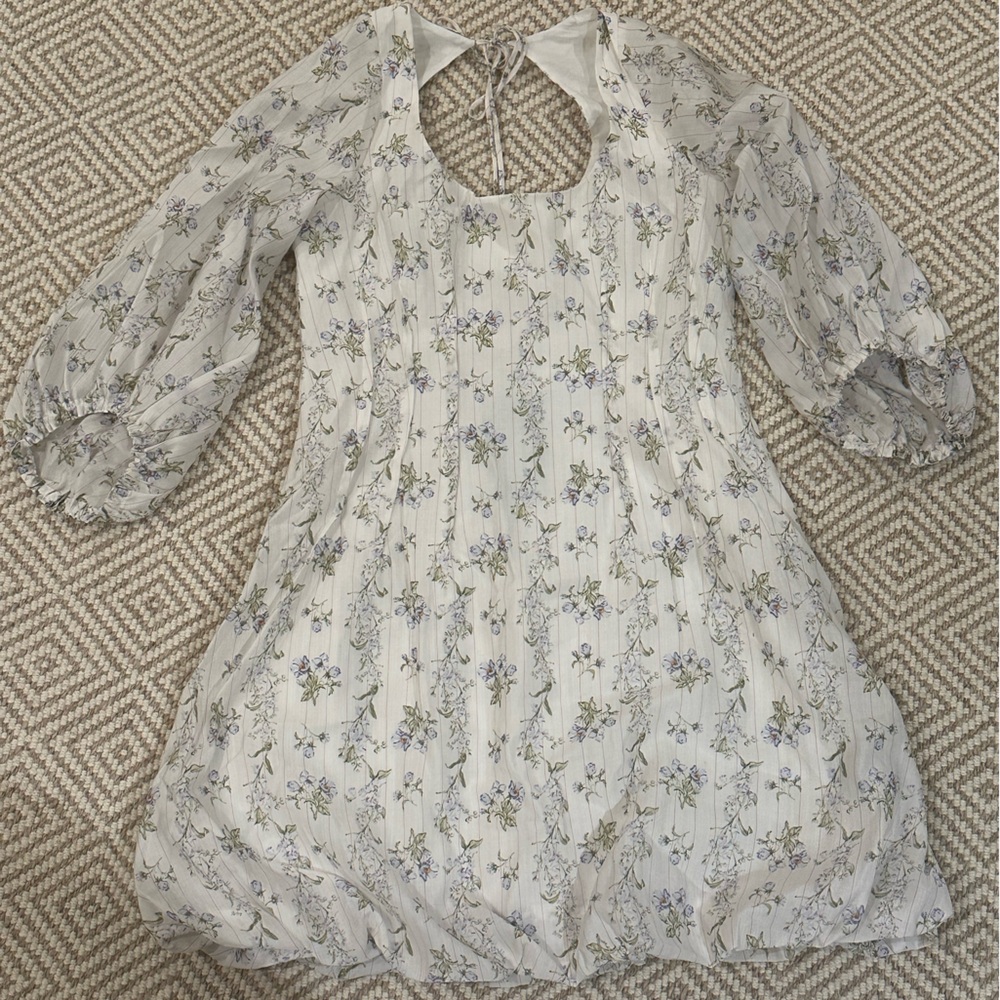 Brock Collection for H&M White Floral Puff Sleeve Dress w/Bubble Hem